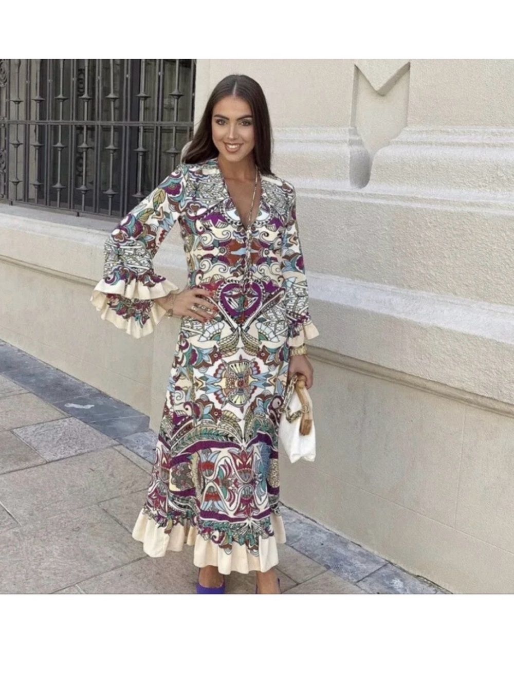 Zara Floral Print Ruffle Hem Maxi Dress - Cream & Multi